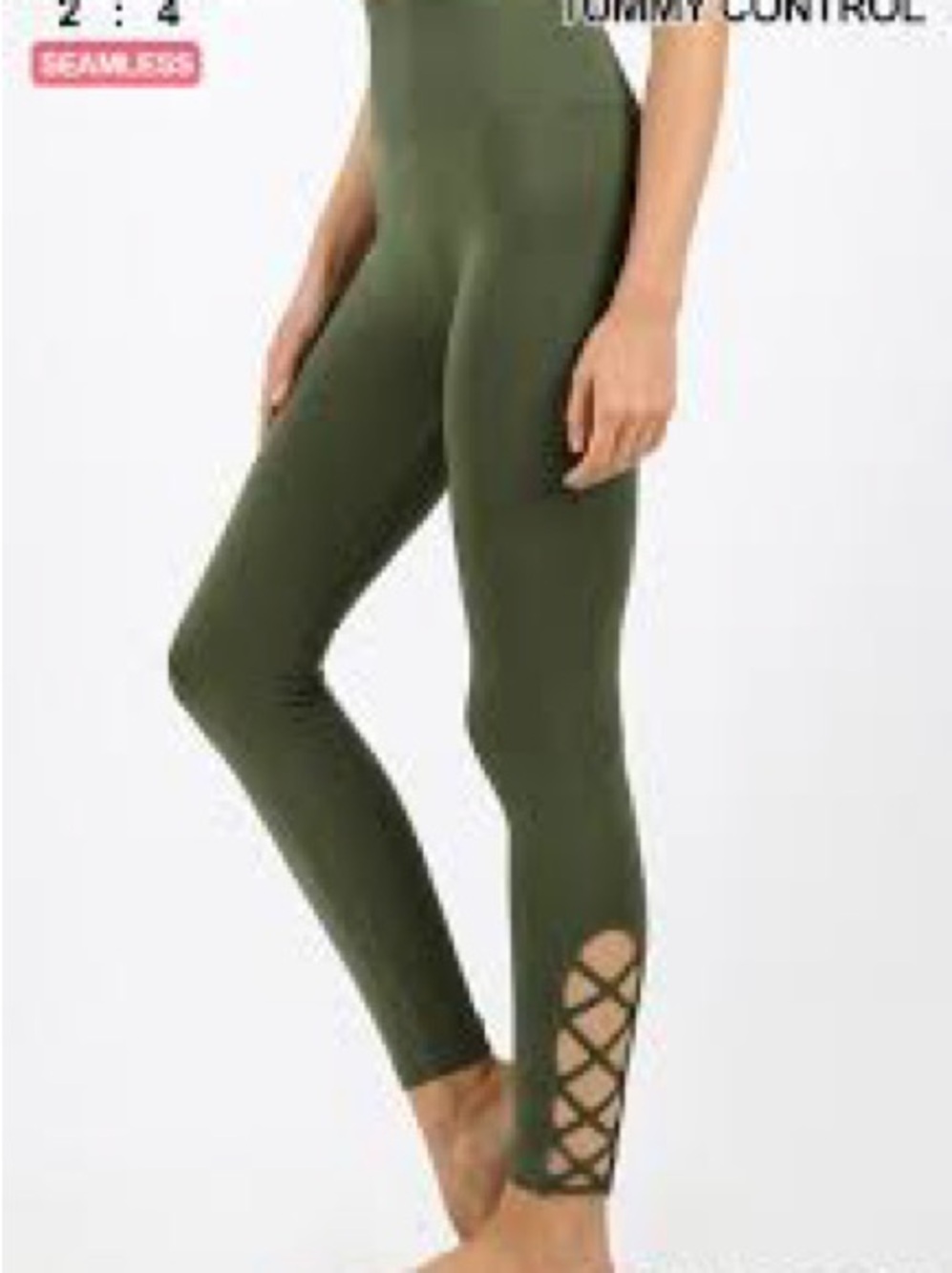 Zenana Outfitters Olive Green Crisscross Side Leggings. Item # 11512